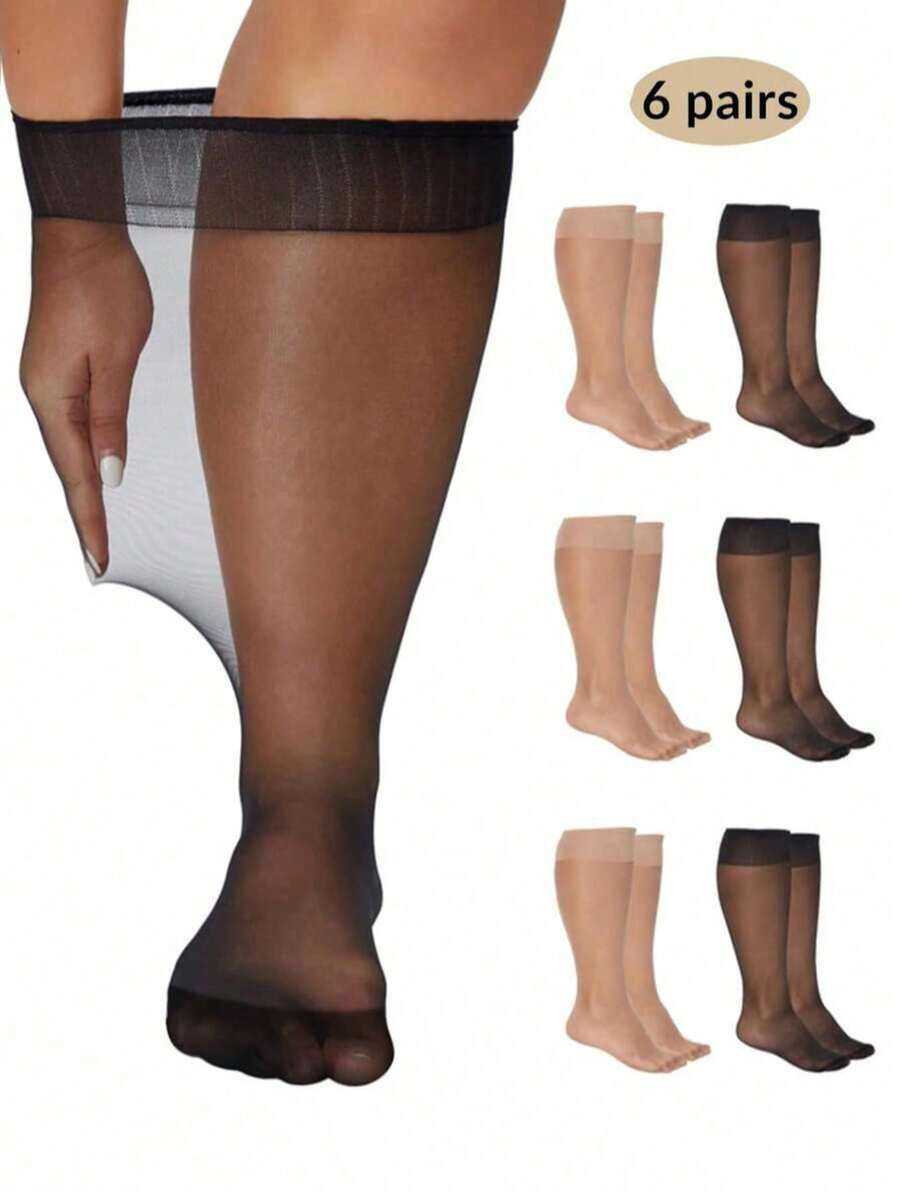 6 pares/set de medias altas hasta el muslo de tono de piel y transparentes, medias altas hasta la rodilla transpirables y cómodas para mujeres de talla grande, regalo de Navidad - Multicolor - Ver 1