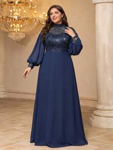 Đầm dạ hội nữ SUPGIR cổ đứng tay phồng đính sequin và vải chiffon. - Màu xanh hải quân - Xem 4