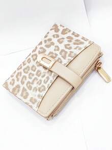 Classic Fashion Leopard Print Patchwork Short Wallet, Compact And Lightweight PU Wallet With Card Slots And Snap Closure - Apricot - View 7