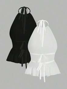 Top de mujer con cuello de halter, espalda descubierta y pliegues de unicolor y sexy - Multicolor 2 - Ver 2