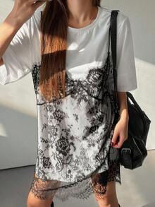 Vestido de verano de mujer de 2 en 1 con parches de encaje sin mangas y de manga corta - Blanco 2 - Ver 7