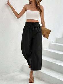 Pantalones casuales de mujer con cintura con cordón a cuadros - Negro - Ver 5