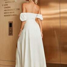 Puff Sleeve Tie Front Off Shoulder Slit Thigh Dress White Elegant Summer - Marrón - Ver 3