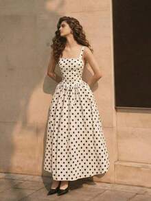 Vestido casual y elegante de mujer con cuello cuadrado sin mangas, a lunares en blanco y negro, silueta ajustada, adecuado para el trabajo o citas, falda larga en línea A, apropiado para verano y primavera, vestido elegante para fiestas, ropa exterior, vestido de vacaciones, vestido a lunares - Blanco y Negro - Ver 1