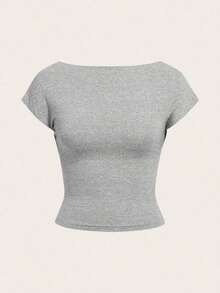 Camiseta casual de mujer de cuello de pico, manga corta y ajustada, versátil - Gris - Ver 1