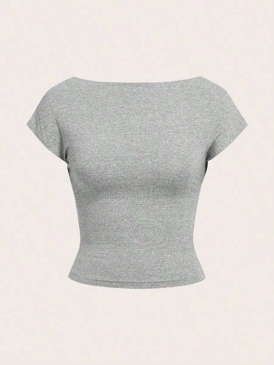 Camiseta casual de mujer de cuello de pico, manga corta y ajustada, versátil - Gris - Ver 1
