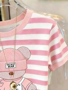 Camiseta de manga corta con cuello redondo y estampado de oso de peluche de dibujos animados, de uso casual y elegante para el uso diario en verano - Multicolor 3 - Ver 5