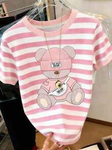 Camiseta de manga corta con cuello redondo y estampado de oso de peluche de dibujos animados, de uso casual y elegante para el uso diario en verano - Multicolor 3 - Ver 7