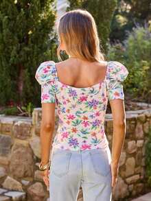 Blusa de mujer casual y elegante con estampado floral romántico y cuello en V, manga abullonada, para primavera/verano.Blusa floral de verano, blusa de primavera, blusa de manga abullonada, blusa floral, Blusa floral francesa suave del verano 2026 con cuello de corazón, manga abullonada y ajuste ceñido, blusa de manga corta linda para vacaciones, camisa delgada versátil para uso diario - Multicolor - Ver 11