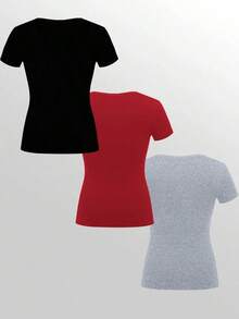 3 piezas Mujer Verano Casual Commuting Minimalista unicolor Medio Botón Cardigan Fruncido Camiseta Ajustada - Multicolor 5 - Ver 2