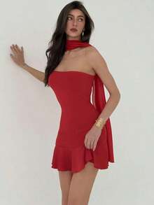 Vestido mini ajustado rojo de estilo romántico para el Día de San Valentín para mujeres - Rojo - Ver 4