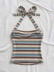Parte superior corta ajustada con cuello de halter casual para vacaciones de mujer, verano de mujer, sin espalda, ropa de vacaciones de mujer, lunares, primavera de mujer, verano, parte superior para salir de mujer, vacaciones de mujer - Azul - Ver 2