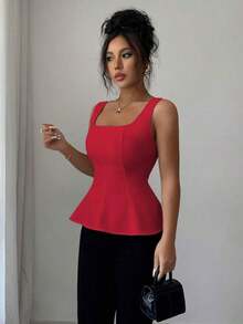 Blusa elegante de cuello cuadrado sin mangas para mujer, adecuada para la oficina, el transporte, el té de la tarde, las fiestas, las vacaciones y ocasiones casuales - Rojo - Ver 3