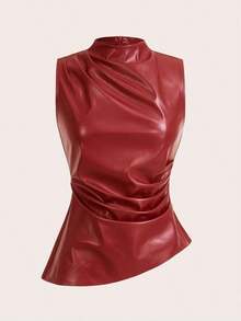 Camiseta ajustada con pliegues y estampado a cuadros para mujer, adecuada para uso diario, trabajo y viajes en verano - Color caoba - Ver 2