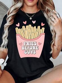 Un divertido estampado que muestra una caja rosa llena de papas fritas acompa?adas de corazones transmite amor propio y sentido del humor perfecto para un look casual camiseta de mujer divertida moderna cómoda - Negro - Ver 1