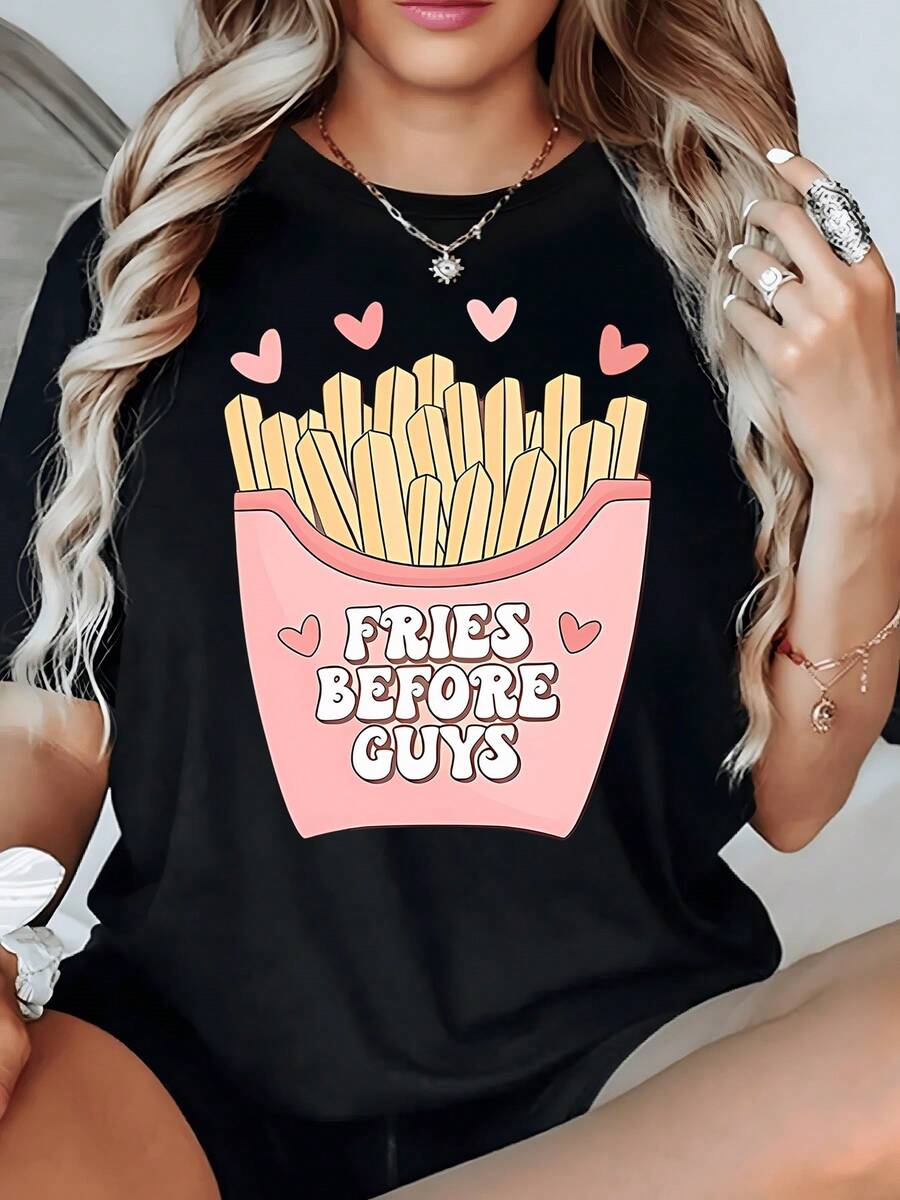 Un divertido estampado que muestra una caja rosa llena de papas fritas acompa?adas de corazones transmite amor propio y sentido del humor perfecto para un look casual camiseta de mujer divertida moderna cómoda - Negro - Ver 1