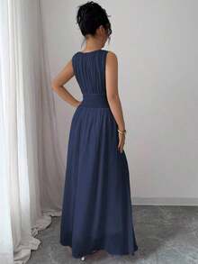 Vestido maxi casual, romántico, vintage y elegante de gasa para mujer con cordón en la cintura, para la playa, el té de la tarde, fiestas de noche, uso diario, sin mangas, de unicolor, vestido largo, primavera/verano - Azul marino - Ver 2