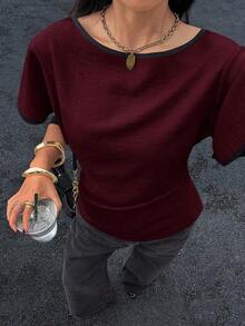 Camisa casual de mujer con ribete de contraste en la cintura y manga corta, para verano - Burdeos - Ver 4