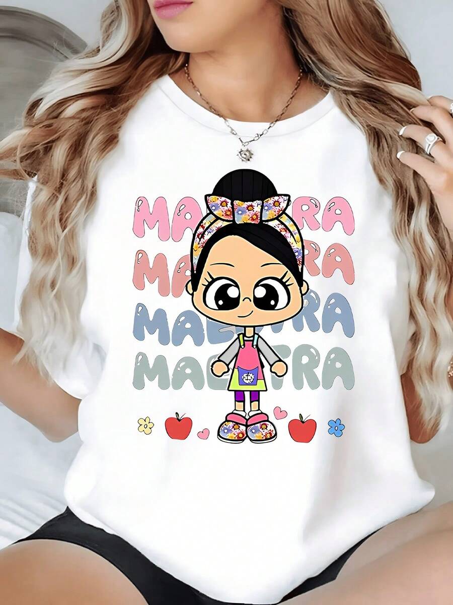 Colorful Figure Of A Cheerful Teacher With Floral Ribbons, Decorated Slippers, And Apples Symbolizing Affection, Education, And Creativity. Comfortable Casual Women's T-Shirt For Everyday Wear. - 白色 - 查看 1