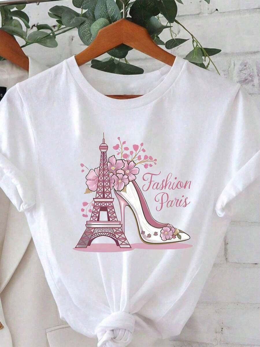 Camiseta de manga corta con estampado gráfico, top casual de manga corta y cuello redondo para verano y primavera, ropa de mujer, camiseta de verano. - Blanco - Ver 1