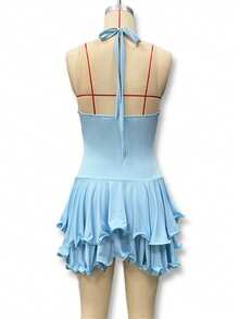 Vestido corto elegante mujer manga campana halter espalda descubierta ajustado con botones estilo europeo nueva moda - Azul - Ver 9