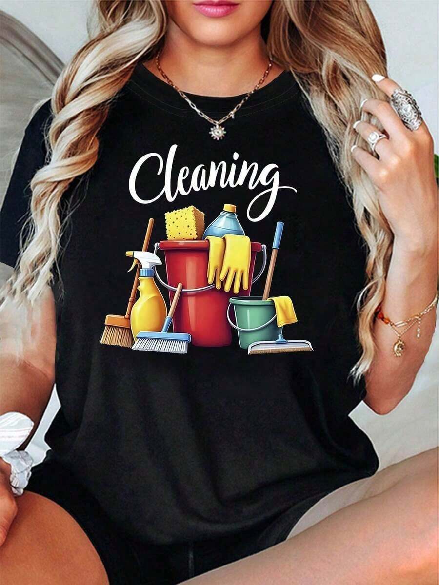 Camiseta de Limpieza para Mujer | Decoración con Herramientas y Frases de Limpieza, Manga Corta Casual, Rojo-Amarillo-Azul, Top Divertido para el Trabajo, Limpieza Diaria y el HogarSuitable for spring, summer and autumneurmuse - Negro - Ver 1