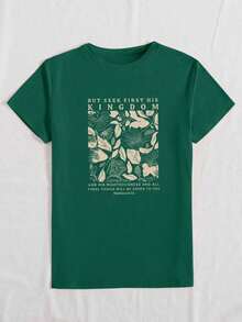 Camiseta de manga corta informal con estampado combinado de letras del alfabeto y flores para el verano, CON PERO BUSCA PRIMERO SU REINO Y SU JUSTICIA, Y TODAS ESTAS COSAS TE SERÁN AÑADIDAS Mateo 6:33 Camisetas gráficas para mujer-Vintage Street Style Unisexoose Cotton Short Sleeve Crew Neck T-Shirt - Verde - Ver 3
