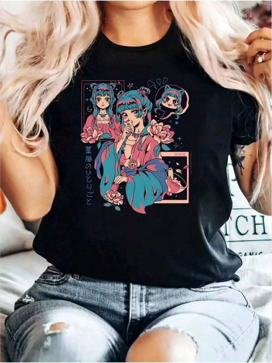 Limited Edition Women's Short Sleeve Casual T-Shirt Apothecary Diaries Maomao Colorful Anime Graphic Print Fashion Retro Top For Anime Fans For Everyday Wear Suitable For Spring, Summer And Autumn Lightweight Cotton - 黑色 - 查看 1