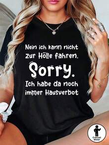 Camiseta con estampado de la frase "No, no puedo ir al infierno, lo siento, todavía tengo prohibido volver a casa", top casual de manga corta y cuello redondo para mujer, ropa de primavera/verano para mujer 100% algodón. - Negro - Ver 1