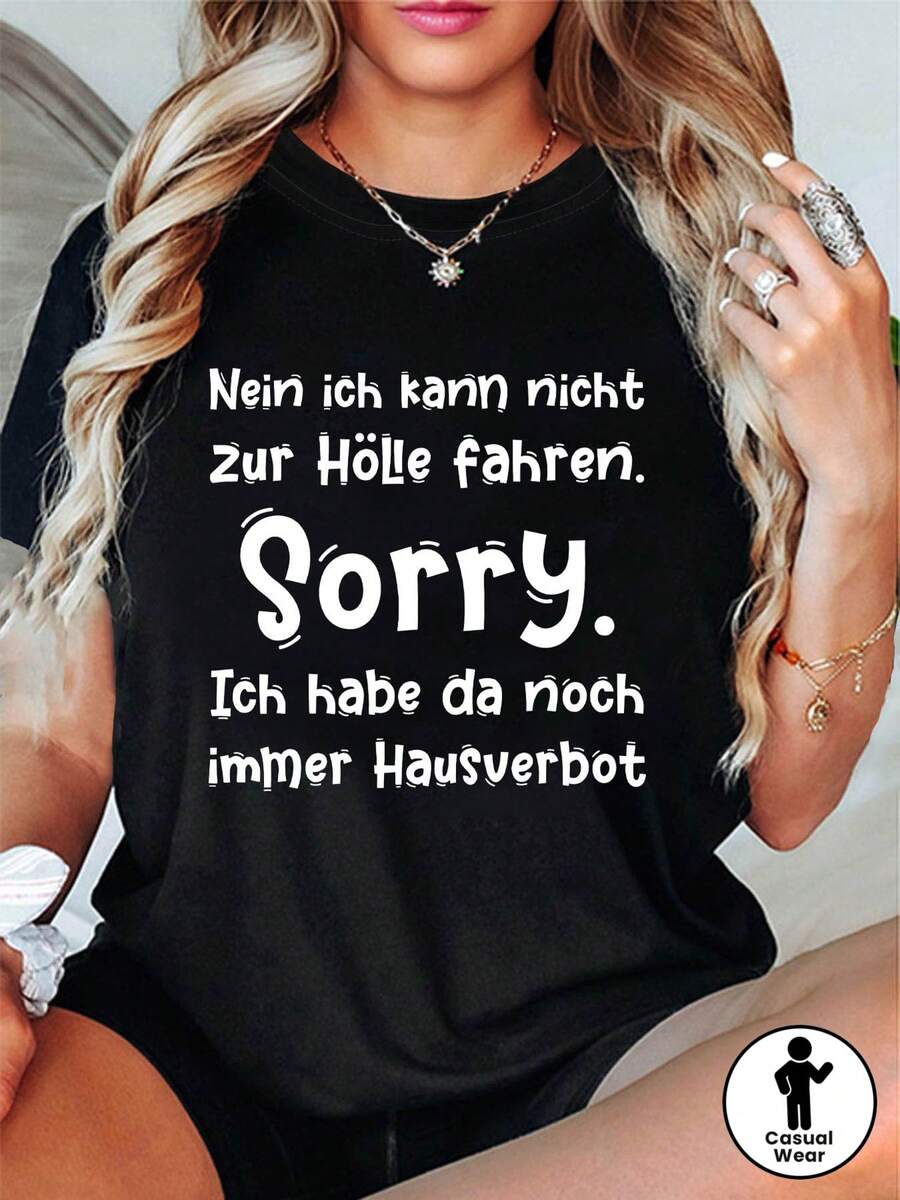 Camiseta con estampado de la frase "No, no puedo ir al infierno, lo siento, todavía tengo prohibido volver a casa", top casual de manga corta y cuello redondo para mujer, ropa de primavera/verano para mujer 100% algodón. - Negro - Ver 1
