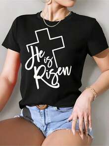 Playera de mujer 100% algodón manga corta estampado cruz estilo minimalista para verano - Negro - Ver 6