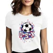 Tops para mujer de manga corta con cuello redondo y estampado de fútbol para mujer, de algodón, estilo casual. - Blanco - Ver 6