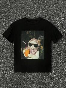 Women's Oversized T-Shirt With Vintage Cat And Meteorite Print, Unisex T-Shirt With Fun And Original Design, American Casual Style, Streetwear, Simple, For Birthdays, For Girls, Beach Vacation, Tropical Style, Round Neck, Short Sleeve, Loose, Casual And Versatile, Y2k T-Shirt. - 黑色 - 查看 3