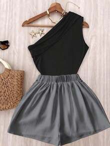 Conjunto de top plisado de hombro de color marrón sólido y elástico para uso casual y pantalones blancos de cintura elástica - Gris - Ver 2