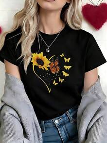 Boho Sunflower Butterfly Heart Outline Graphic T-Shirt, 100% Cotton Oversized Soft Breathable Sunny Tee, Casual Crewneck Short Sleeve Top For Summer & Nature Lovers - 黑色 - 查看 3