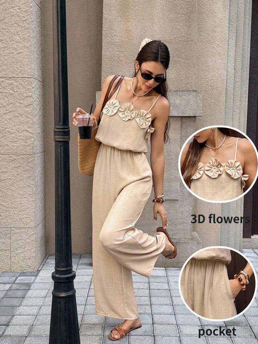 Mono de pierna ancha con decoración floral texturizada y bolsillos para mujer - Albaricoque - Ver 1