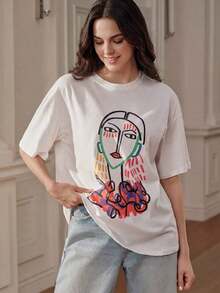 Camiseta blanca de manga corta con gráfico de retrato de arte lineal colorido, verano Cuello Redondo Algodón 100% Tejido Suave Manga Corta - Blanco - Ver 4