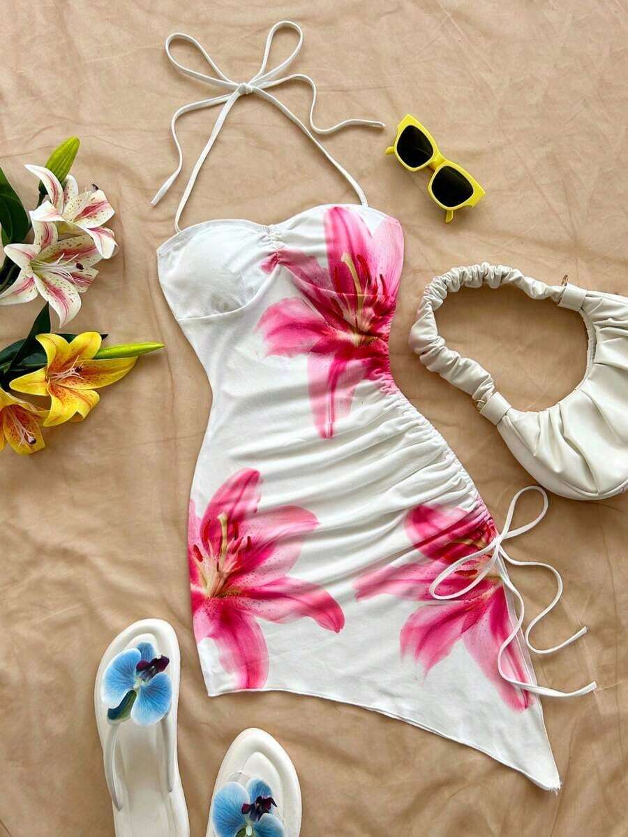 Vestido ceñido con estampado floral romántico de color rosa sobre base blanca, con dobladillo asimétrico, cuello halter y lazo, para vacaciones, playa, estilo occidental, festivales, verano, estilo bohemio - Vestidos de verano para mujer - Blanco - Ver 1