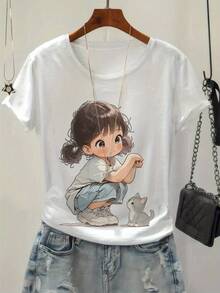 Camiseta de mujer moderna, informal, para fiestas y para estar en casa, 100% algodón, corte holgado. Camiseta Casual de Manga Corta con Cuello Redondo para Mujer - Estampado Gráfico de Dibujos Animados y Gatos, Transpirable para Primavera y Verano, Lavable a Máquina, Ropa Casual, Camiseta de Verano, Corte Relajado, Tela Suave 100% Algodón - Blanco - Ver 7