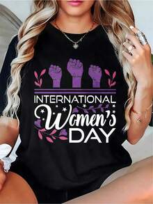 Women's T-Shirt For International Women's Day, Vintage Round Neck Short Sleeve T-Shirt, 100% Polyester Knit Fabric, Medium Stretch, Casual All-Season Sportswear, 180 G/M² - Exclusive To Luokeren - 黑色 - 查看 1