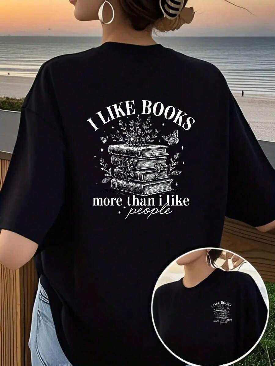 Camiseta de manga corta - Amor por los libros, amantes de los libros - Camiseta estampada de moda para mujer, primavera/verano, ¡tu mejor elección! - Tela ligera y suave - Negro - Ver 1