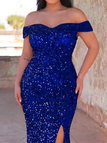 Faeriesty Đầm dạ hội cỡ lớn dành cho nữ, kiểu dáng đuôi cá, hở vai, đính sequin lấp lánh, thanh lịch, xẻ cao - Thích hợp cho các sự kiện thảm đỏ, đám cưới sang trọng, tiệc tùng lộng lẫy và các dịp trang trọng, trang phục dự tiệc mùa hè, mùa xuân. - Xanh đậm - Xem 10