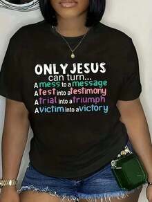 Camiseta Suave para Mujer con Estampado Inspirador de Jesús - Cuello Redondo Negro, Manga Corta, 100% Casual con Mensaje de Fe, Lavable a Máquina, Ajuste Cómodo para Todas las Temporadas, blusa casual mujer, blusas para mujer, playeras de mujer algodón - Negro - Ver 1