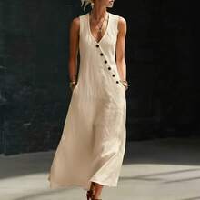 New 2026 Women's Summer Tank Dress Solid Color V-Neck Buttoned Sleeveless - 卡其色 - 查看 4