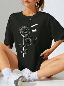 Camiseta Holgada Sencilla Mujer Estilo ModernoCamisetas de manga corta y larga para mujer, con estampados gráficos, para uso diario en verano, tops para mujer para primavera, ropa de mujer.Cozy Soft Simple Everyday Wear Short Sleeve Top - Negro - Ver 7