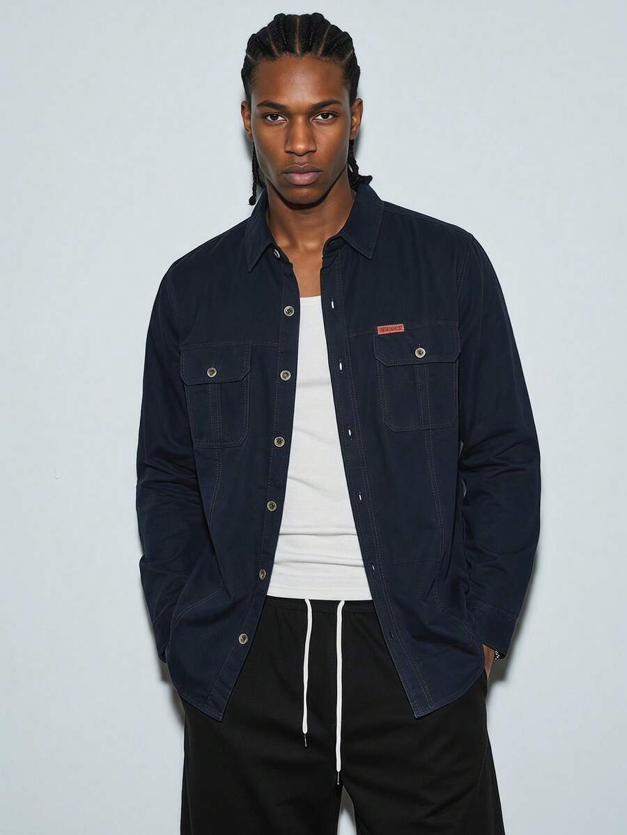 Modcrash 1 pieza Camisa de manga larga ajustada para hombre para exteriores, chaqueta utilitaria casual de primavera/otoño con múltiples bolsillos, adecuada para usar con jeans, otoño - Azul Marino - Ver 1