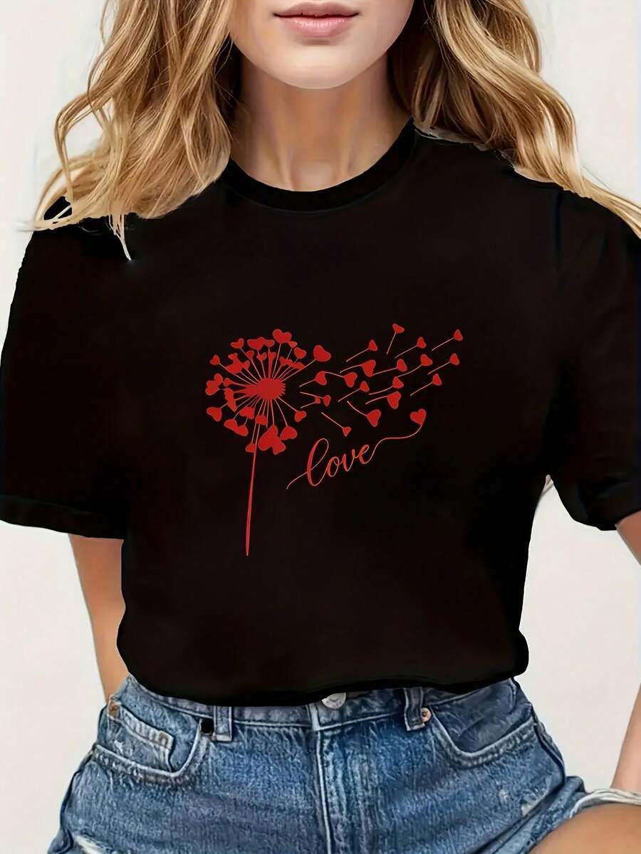 Talla Grande - Talla Grande - Camiseta de Mujer Talla Grande con Diseño de Estampado de Corazón de Diente de León | Cuello Redondo, Corte Casual Hoado, Material Cómodo, Lavable a Máquina, Top para Todas las Estaciones, Regalo I para el Tema de San Valentín