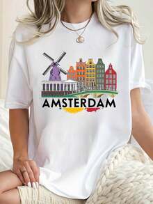 Camiseta de manga corta para mujer con diseño creativo de molino de viento, estampada, a, sencilla, casual, deportiva, cómoda para el verano y vacaciones - Camiseta unisex de algodón holgada, de manga corta y cuello redondo, estilo vintage urbano. - Blanco - Ver 6