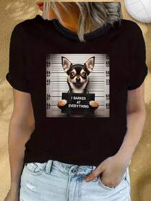 Camiseta de perro chihuahua con ficcial, estampado "Le ladré a todo" en , para amantes de las mascotas y dueños de perros, ropa casual, diseño artístico de sol y luna, camiseta de cuello redondo suave y transpirable para uso casual, manga corta, camiseta casual de manga corta, moda, color - Negro - Ver 2