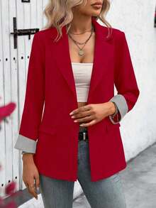 Clasi Chaqueta ligera de estilo casual de negocios para mujer, con cuello de solapa, apta para el lugar de trabajo, de unicolor, para primavera/otoño - Rojo - Ver 3